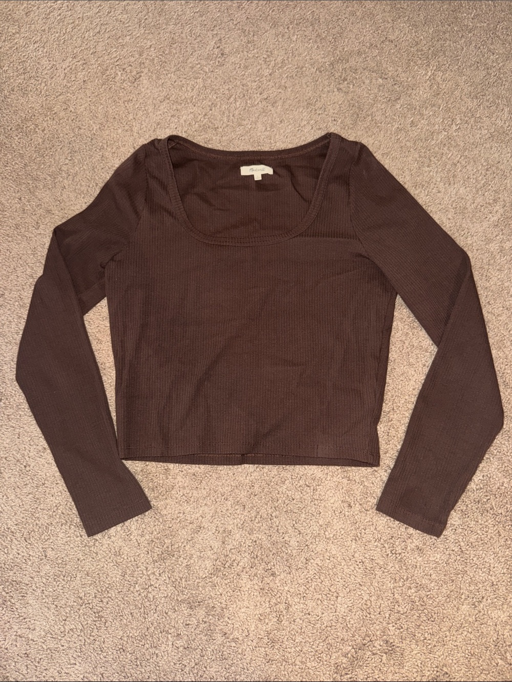 Madewell Chocolate Brown Ribbed Scoop-Neck Long Sleeve Crop Top